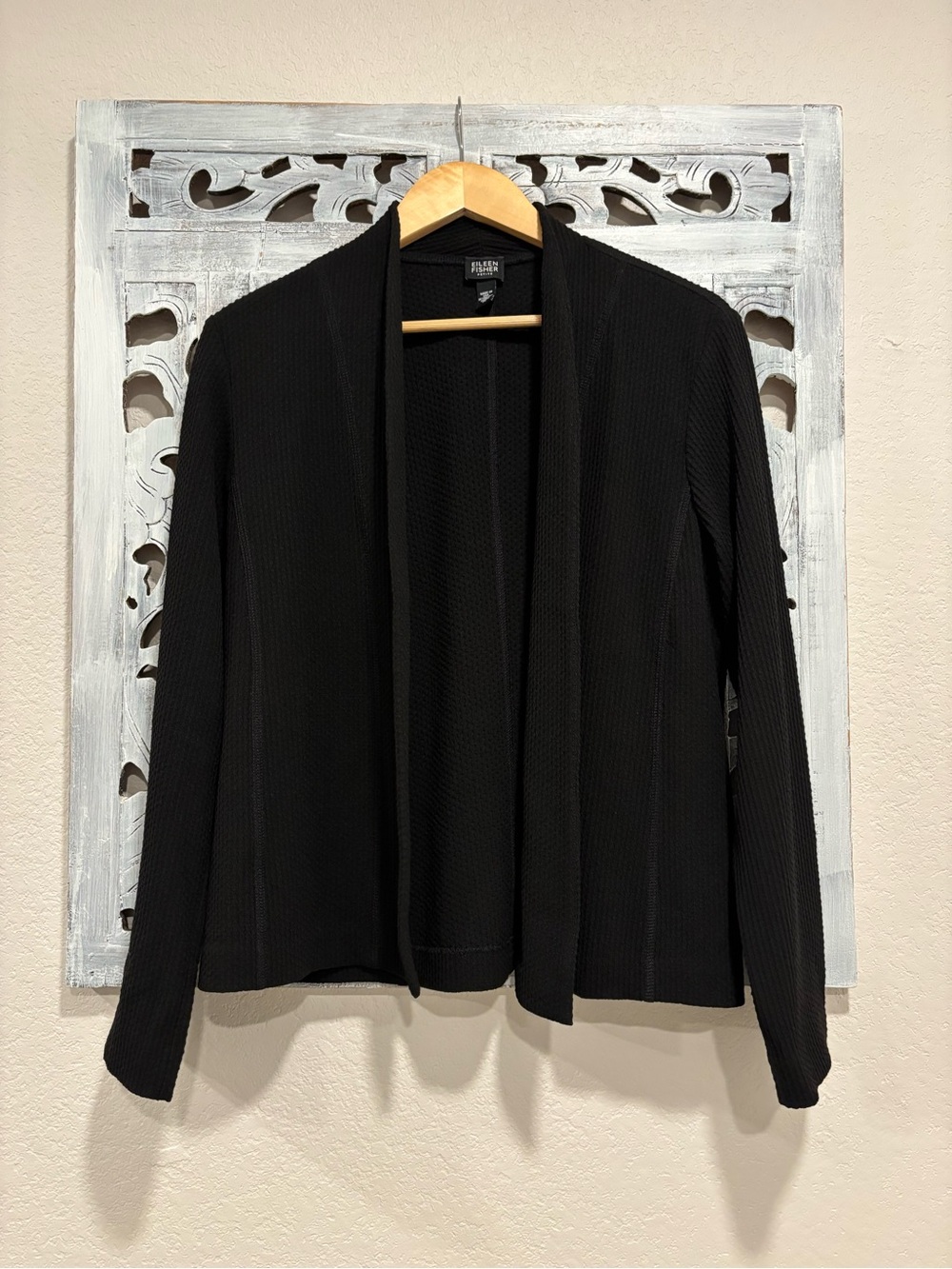 NEW EILEEN FISHER Black Waffle Knit Viscose Blend Open Front Blazer Jacket